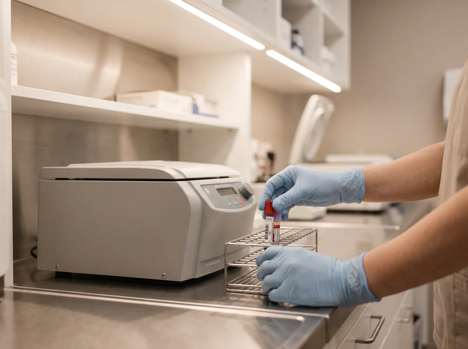 Gloved lab technician preparing a blood sample vial in a centrifuge rack at ClearSolutions' in-house laboratory