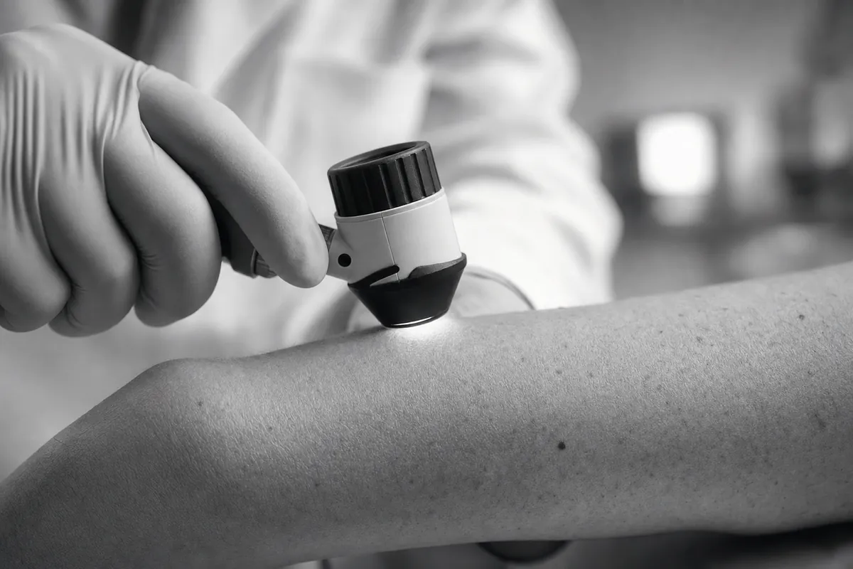 Physician using a dermatoscope to examine a patient's skin, representing the shift from dermatologic care to systemic longevity medicine